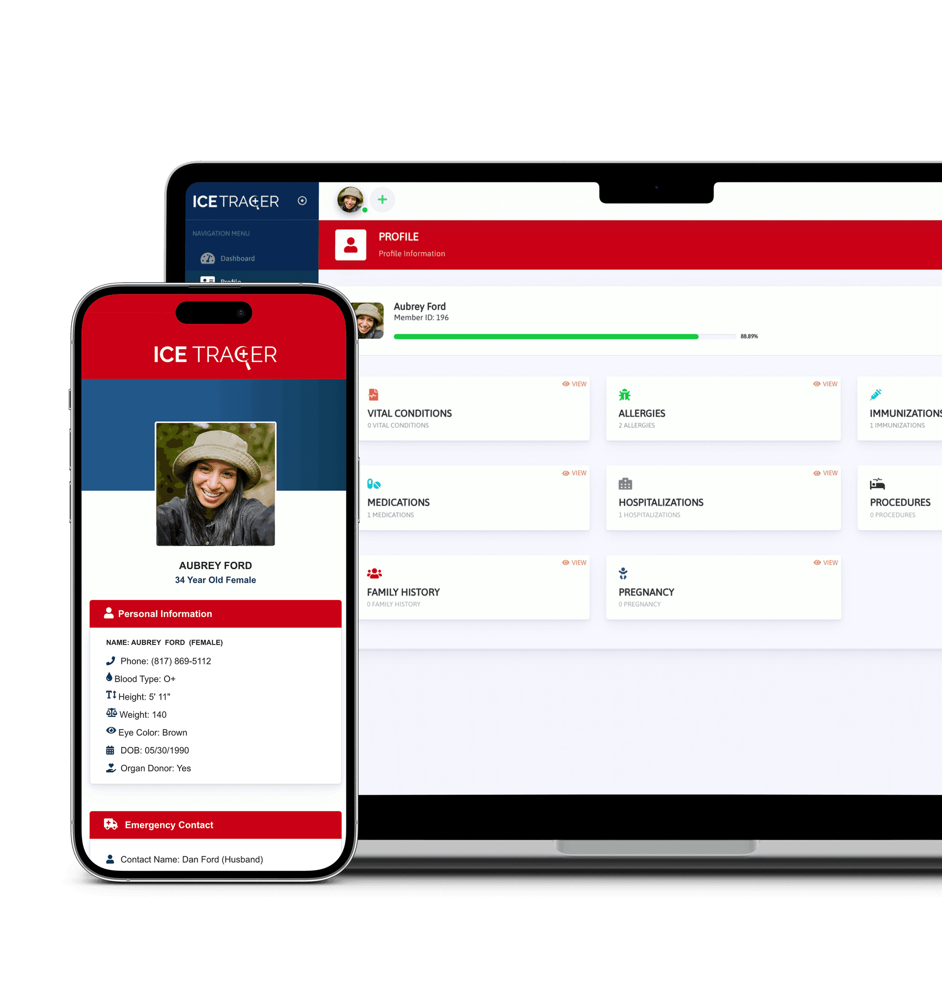 ICE Tracer medical profile interface